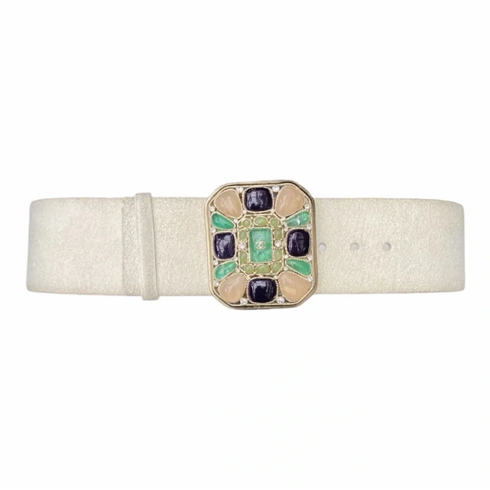 White Suede Chanel Gripoix Pate De Verre Belt Year 2008